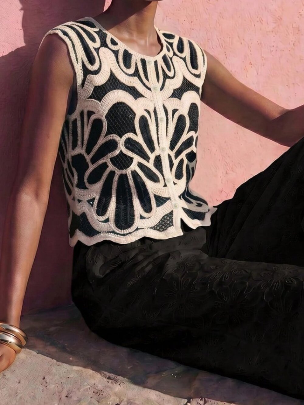 Black Casual Beach Vacation Women's Crochet Sleeveless Knit Top - Picture 6 of 6